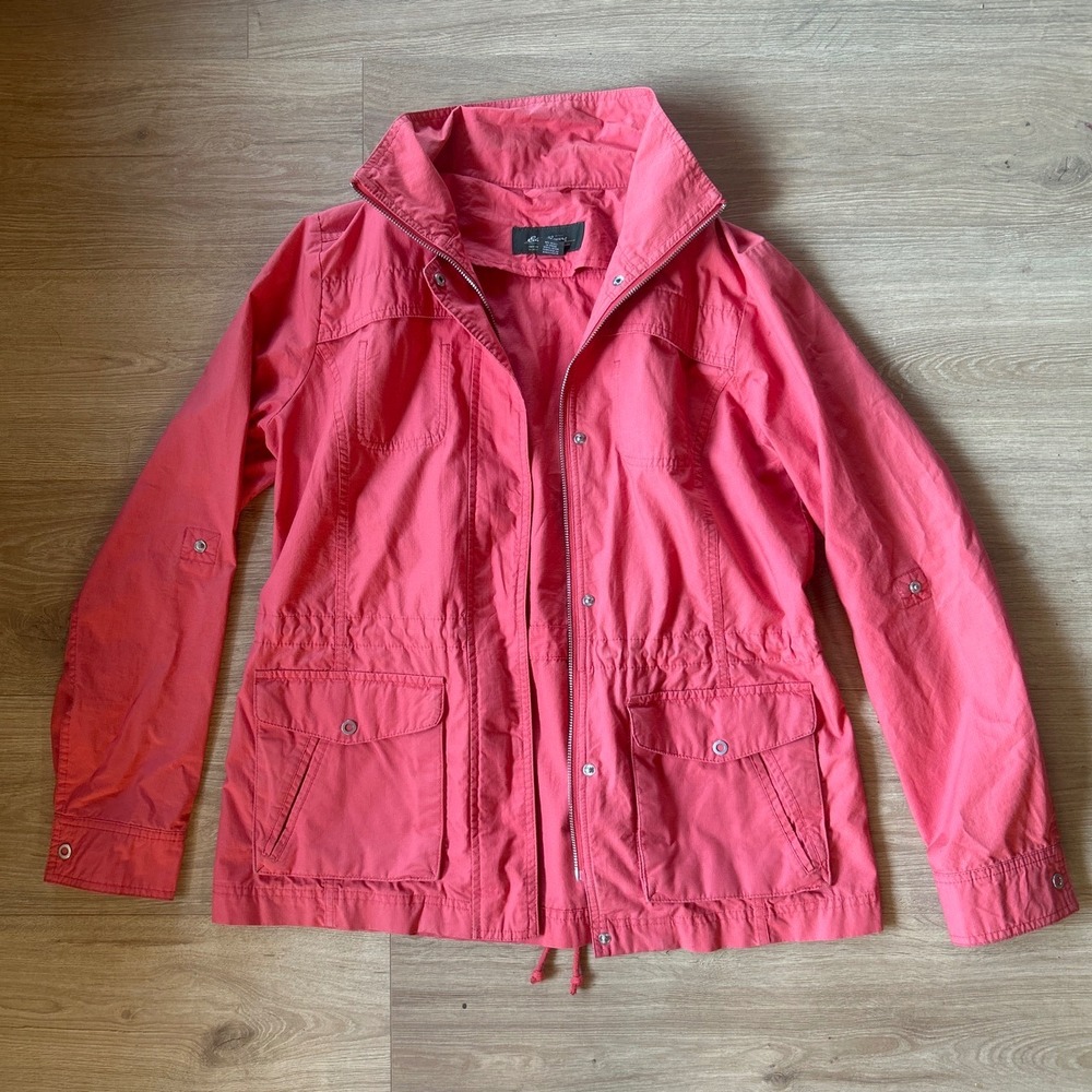Eddie Bauer Womens Pink Cotton Utility Field Jacket Size M Roll Tab Sleeve Zip